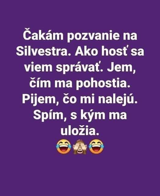 Humorný text na fialovom pozadí o správaní sa hosťa na Silvestra so smajlíkmi.