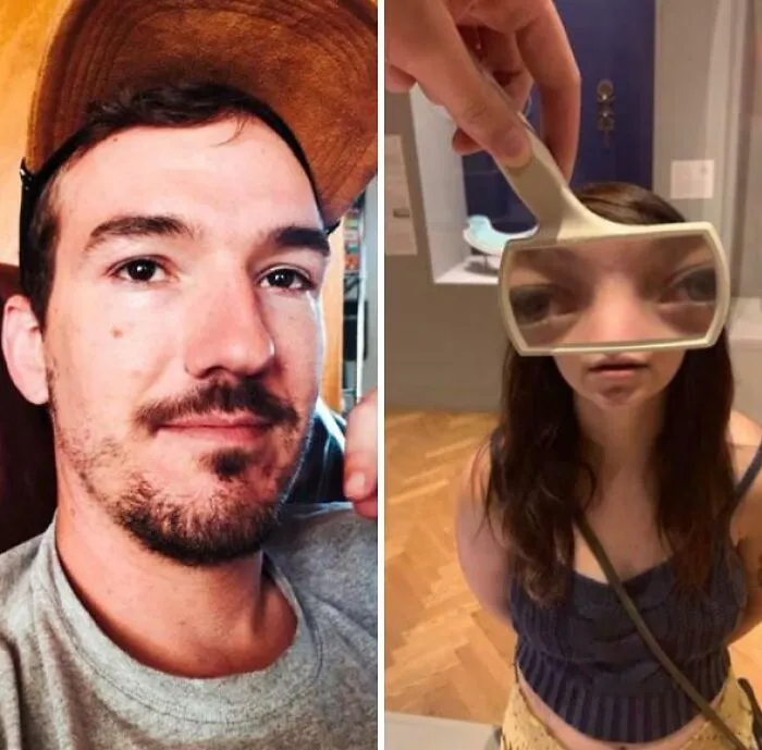 Osoba s fúzami v čiapke; dievča s optickou ilúziou lupy pred očami.