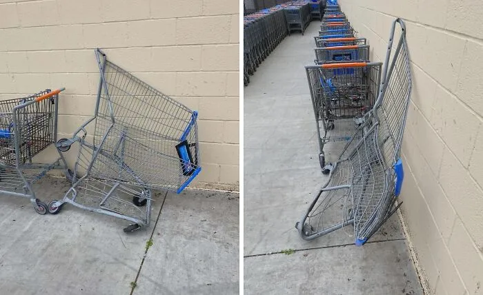 Naklonené nákupné vozíky opreté o stenu pri vstupe do supermarketu.