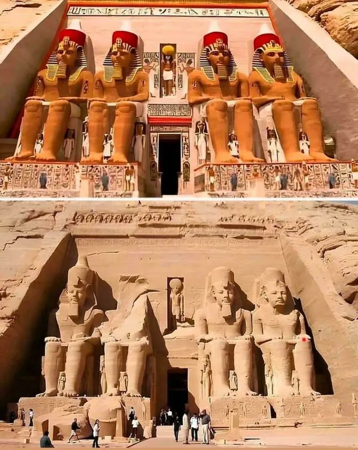 Staroveký egyptský chrám Abu Simbel s obrovskými sochami faraónov vytesanými do skaly.