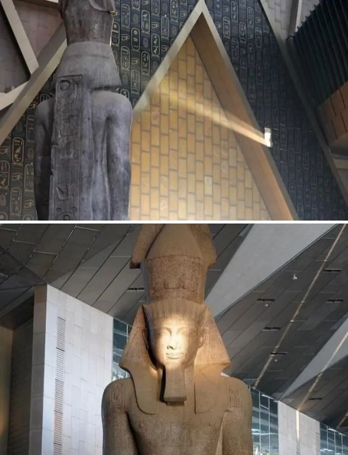 Staroveká egyptská socha v múzeu osvetlená dopadajúcim lúčom svetla.