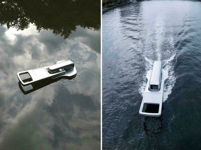 Auto upravené na plavbu po vode, na rieke za slnečného počasia.