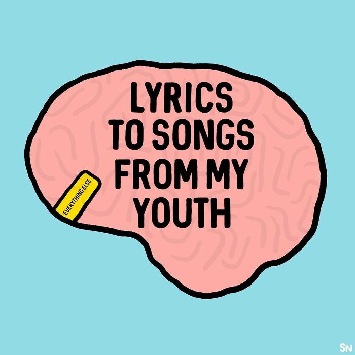 Mozog s textom Lyrics to songs from my youth, symbolizujúci nostalgické spomienky na pesničky z mladosti.
