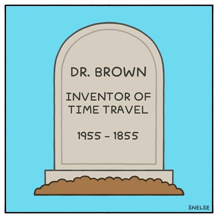Náhrobný kameň Dr. Browna, vynálezcu cestovania časom, s dátumami 1955-1855 na modrom pozadí.
