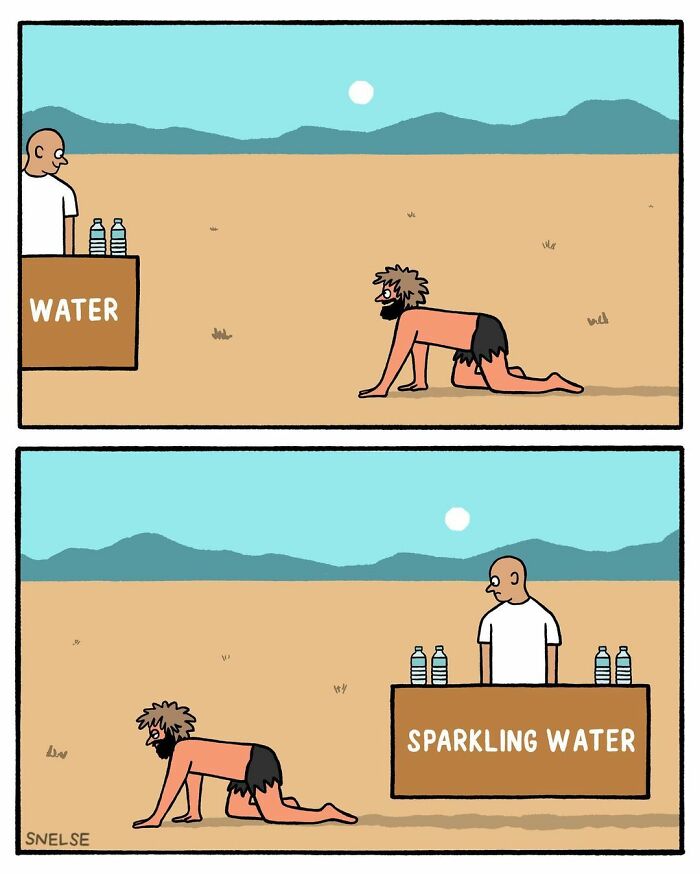Muž na púšti ponúka nápoje, zatiaľ čo smädný turista hľadá vodu. Jednoduchá, no vtipná kreslená scénka.