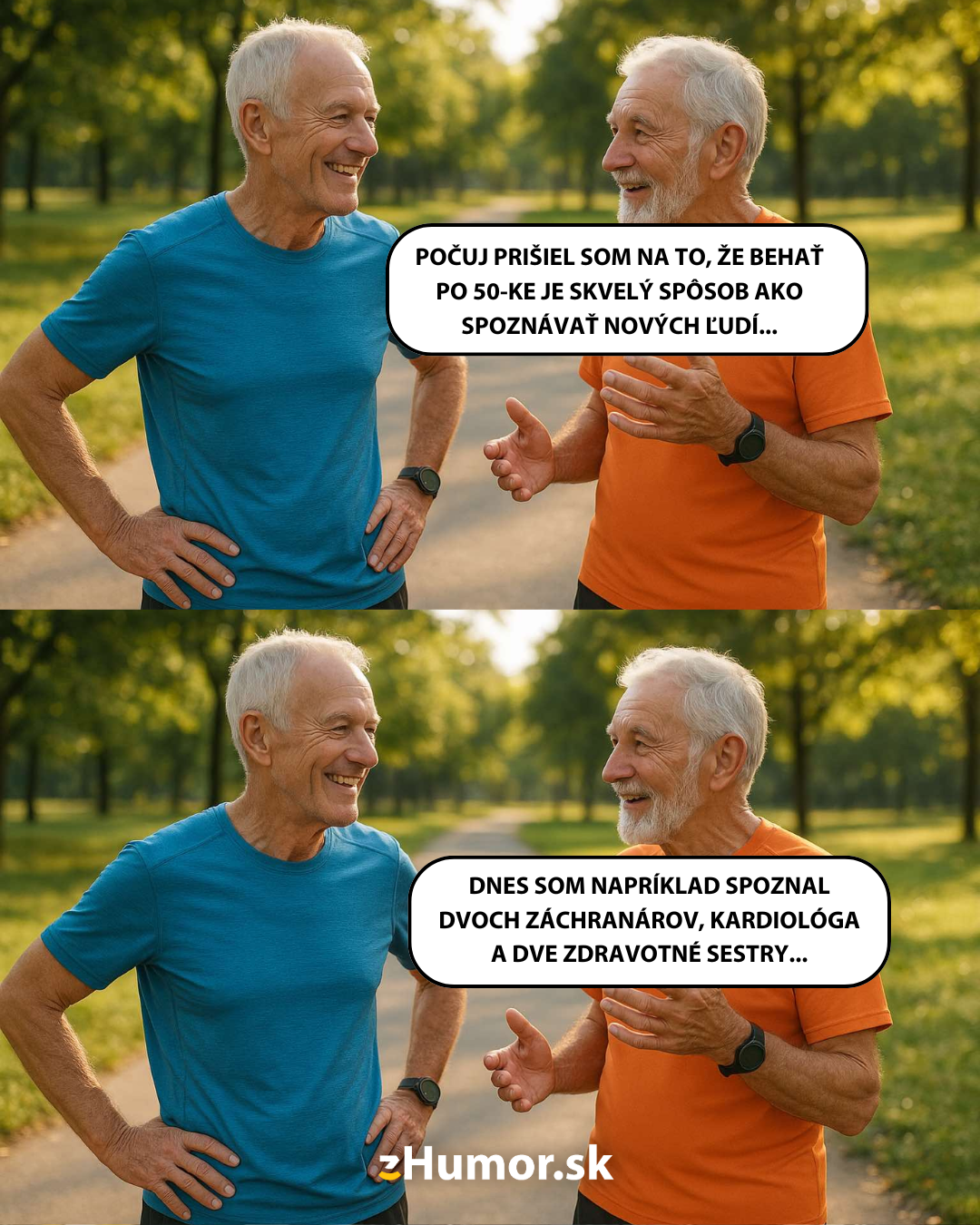Dvaja starší muži sa rozprávajú počas behu, žartujúc o spoznávaní zdravotníkov.