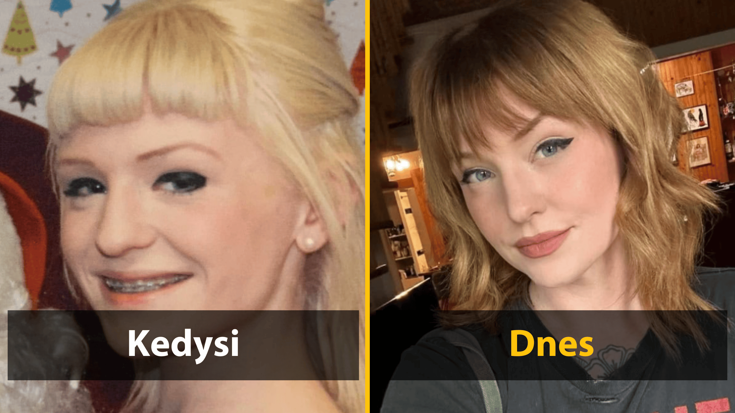 Mladá žena pred a po premenách, zobrazujúca kontrast vo vzhľade medzi minulosťou a súčasnosťou.