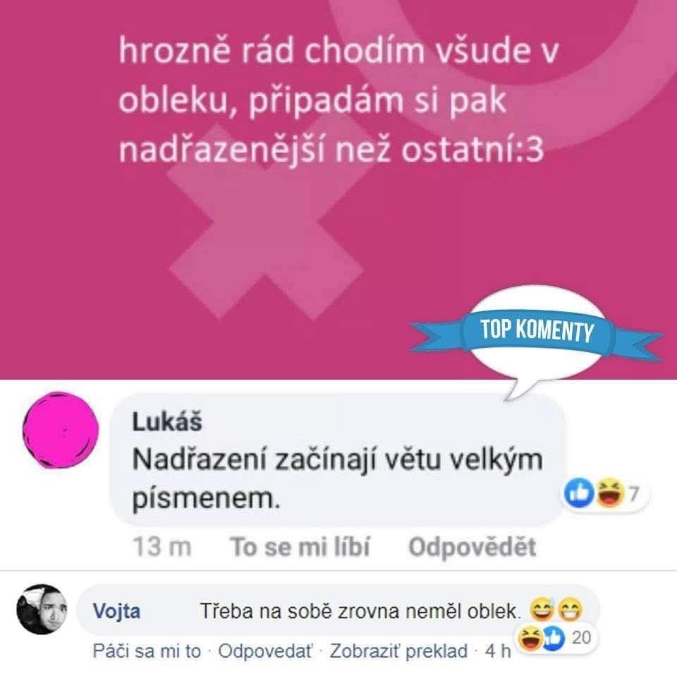 Humorná výmena názorov na Facebooku o nadradenosti a oblekoch, zakončená vtipnou poznámkou.