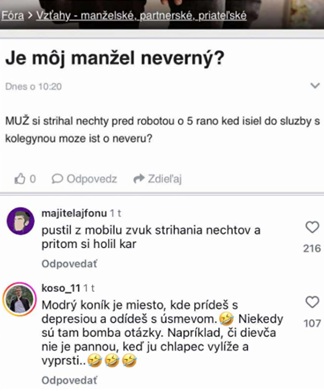 Je môj manžel neverný? Diskusia používateľov o podozrivom správaní so zábavnými komentármi.