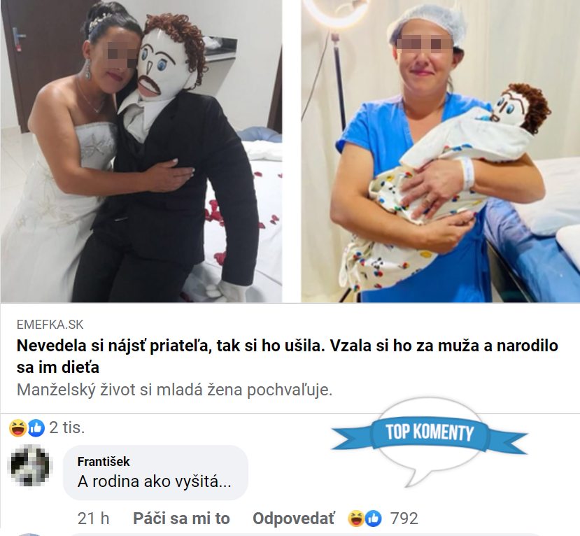 Nevesta v svadobných šatách objíma bábku ženatého muža, vedľa drží dieťa z látky.