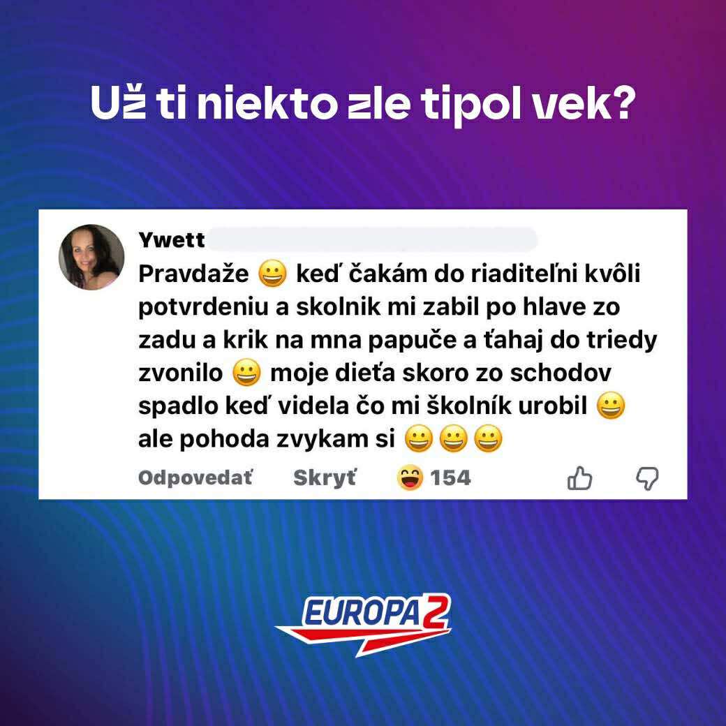 Vtipný komentár od mamičky o školníkovi a zábavnej situácii v škole, zvýraznený logom Europa 2.