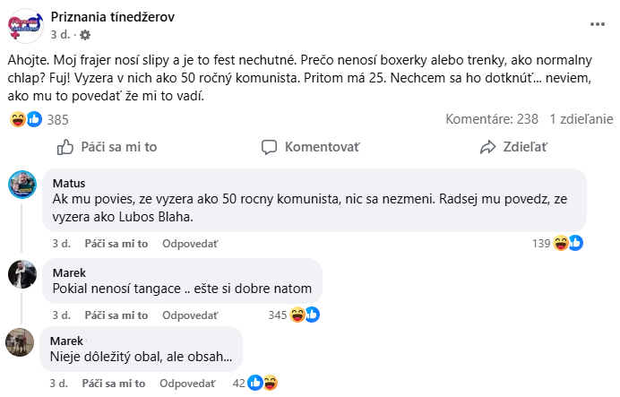 Konverzácia o probléme s partnerovým oblečením, humoristické komentáre mladých ľudí na sociálnej sieti.