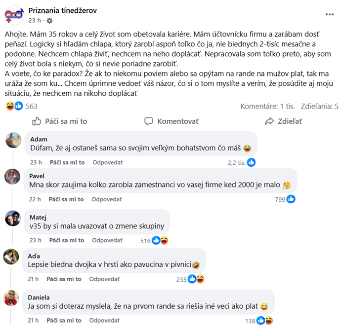 Diskusia o vzťahoch a zárobkoch: žena hľadá muža s rovnakým príjmom, debatuje sa o financiách a očakávaniach vo vzťahu.