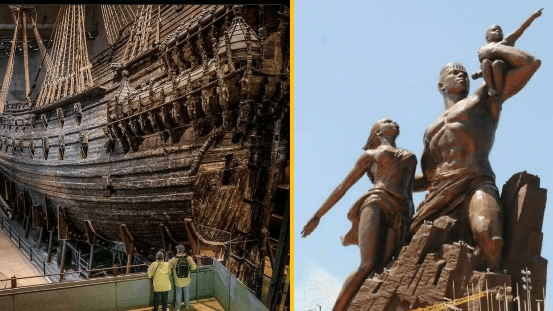 Historická loď v múzeu a impozantná socha rodiny proti modrej oblohe.