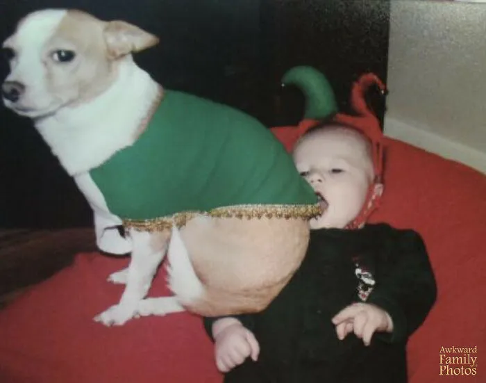 Oblečený pes sedí na bábätku oblečenom v čierno-červenom kostýme, ležiacom na červenom pozadí.