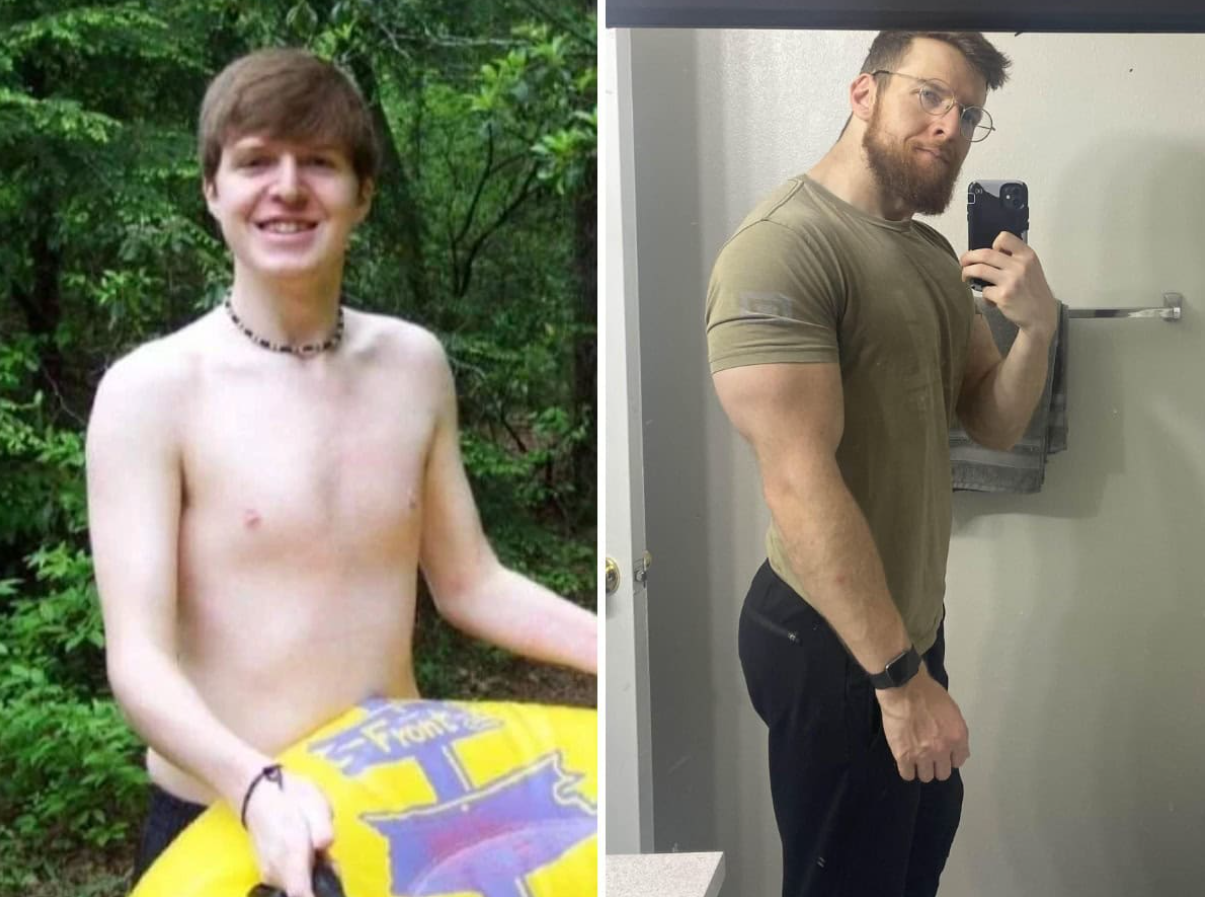 Muž pred a po premene, zdieľajúci výsledky fitness cesty pri zrkadle a v prírode.