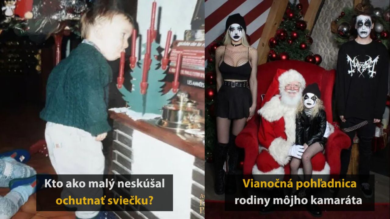 Dieťa ochutnáva sviečku; vedľa vianočná fotografia s ľuďmi v čiernom oblečení a líčení pózujúcimi so Santom.