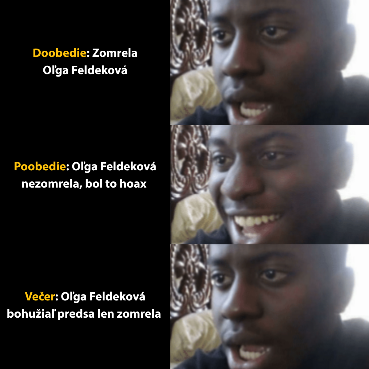 Muž reaguje na správu o úmrtí a následne zistenie, že išlo o hoax. Na konci však tragická správa potvrdzujúca úmrtie.