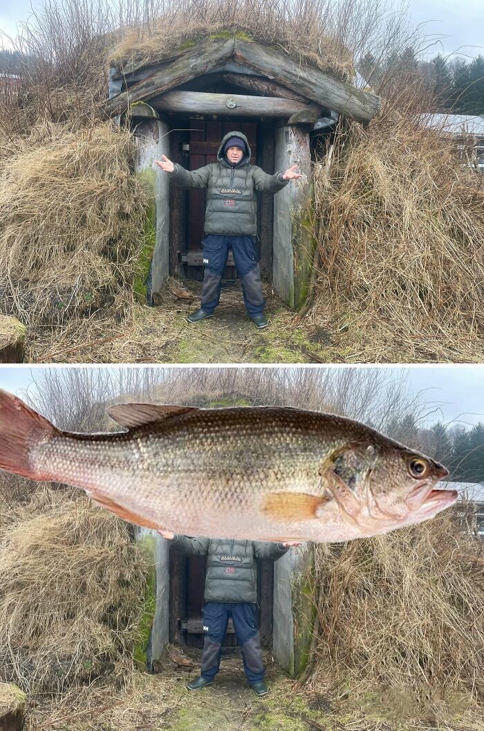 Muž pred dverami do prírodného prístrešku, s efektnou fotomontážou, kde drží obrovskú rybu.