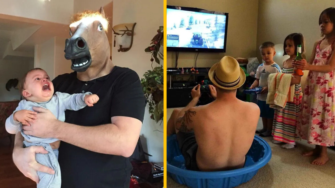 Otec so srandovnou koňskou maskou drží plačúce dieťa a muž v klobúku hrá videohry v nafukovacom bazéne.