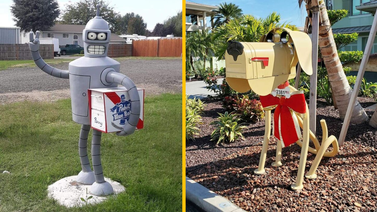 Robotická socha držiaca krabicu vedľa poštovej schránky v tvare psa s mašľou.