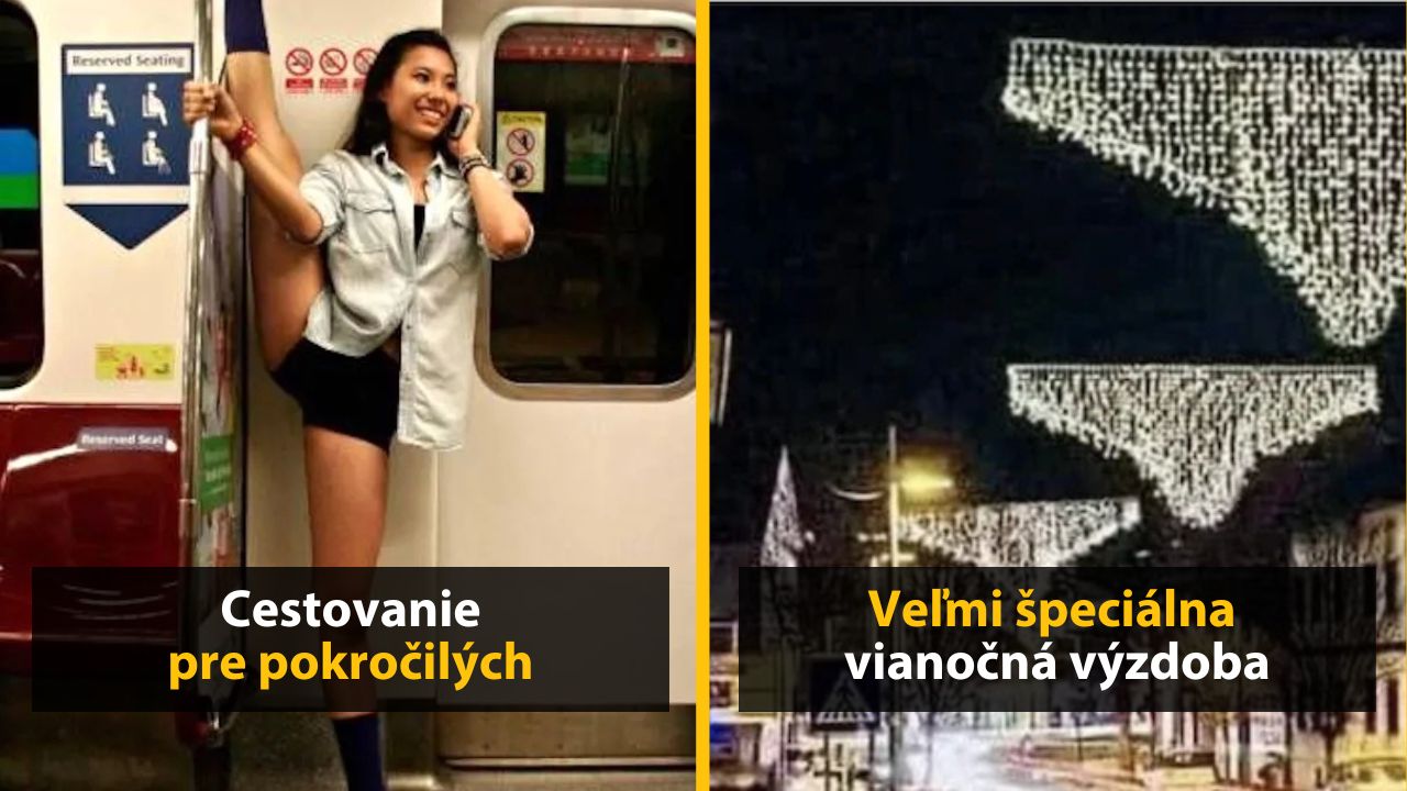 Žena v metre s nohou zdvihnutou k stropu a unikátne vianočné svetlá v tvare oblečenia nad ulicou.