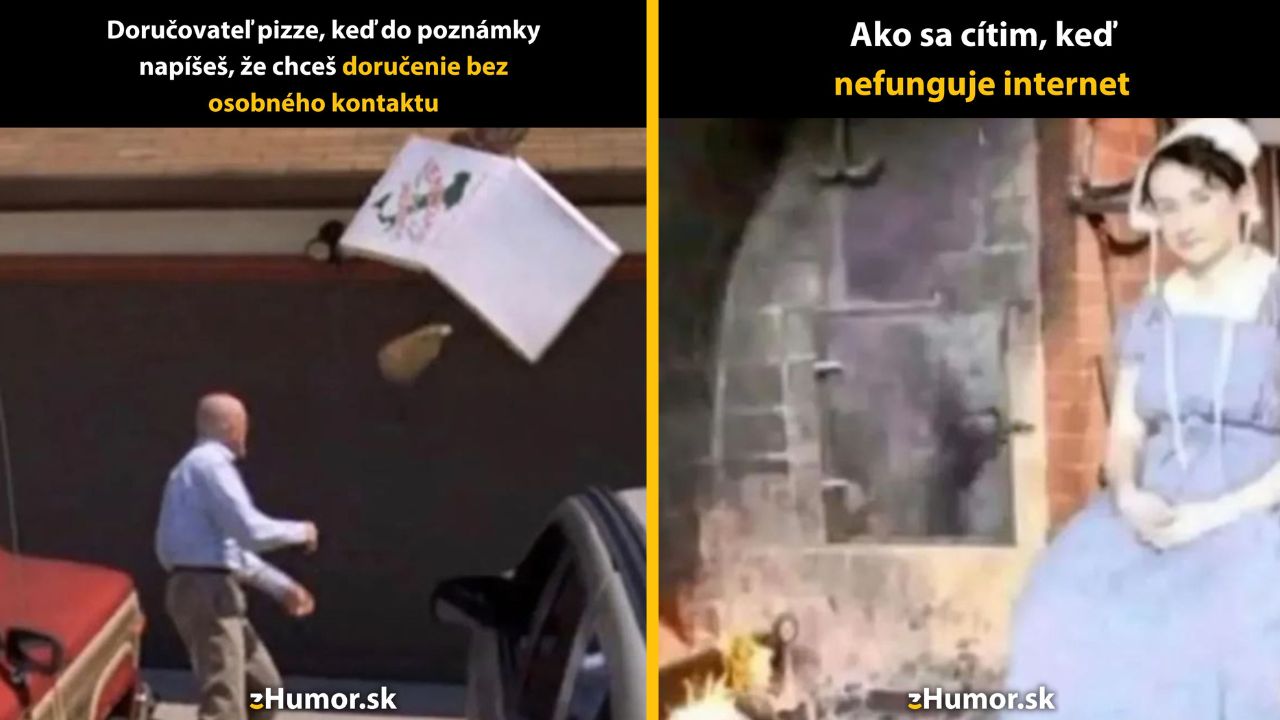 Muž hádže škatuľu od pizze na strechu a žena sedí pri peci bez internetu.