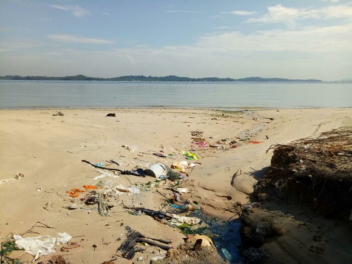 Znečistená pláž s odpadkami na piesku pri pobreží oceánu za slnečného dňa.