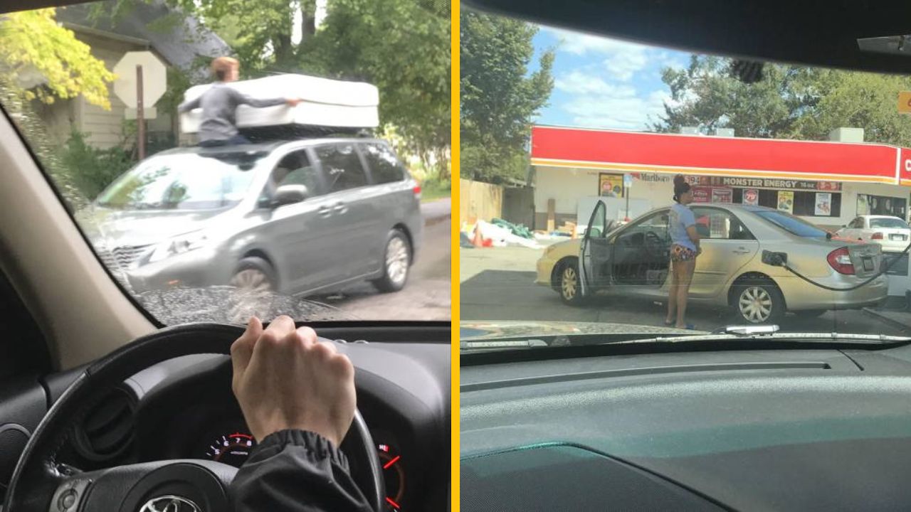 Autá na ceste, muž drží matrac na streche, žena pri aute pred obchodom. Záblesk každodenných situácií na cestách.