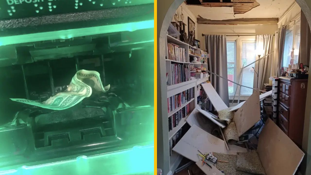 Peňažný vklad do bankomatu vedľa zrúteného stropu v izbe plnej kníh.