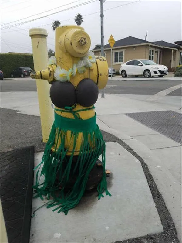 Požiarna hydrant v havajskom kostýme, ulica, humor, zábavná dekorácia.