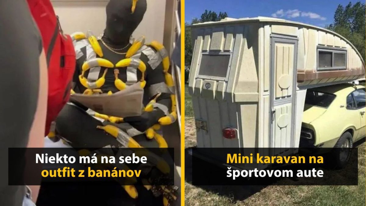 Osoba v banánovom oblečení; športové auto s mini karavanom. Kreatívne a nevšedné nápady v každodennom živote.