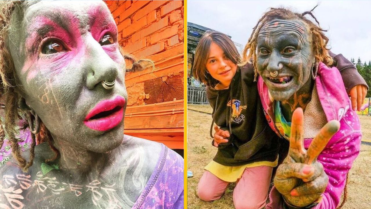 Osoba s farebným tetovaním tváre a dieťa na festivale so živými farbami a originálnym štýlom.