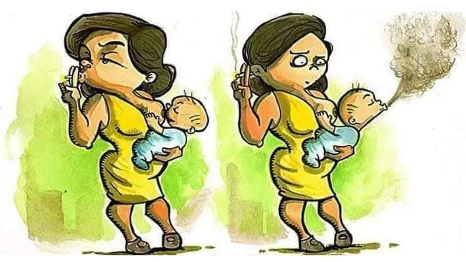 Ilustrácia znázorňujúca matku s cigaretou vedľa dojčeného dieťaťa; dôraz na pasívne fajčenie.