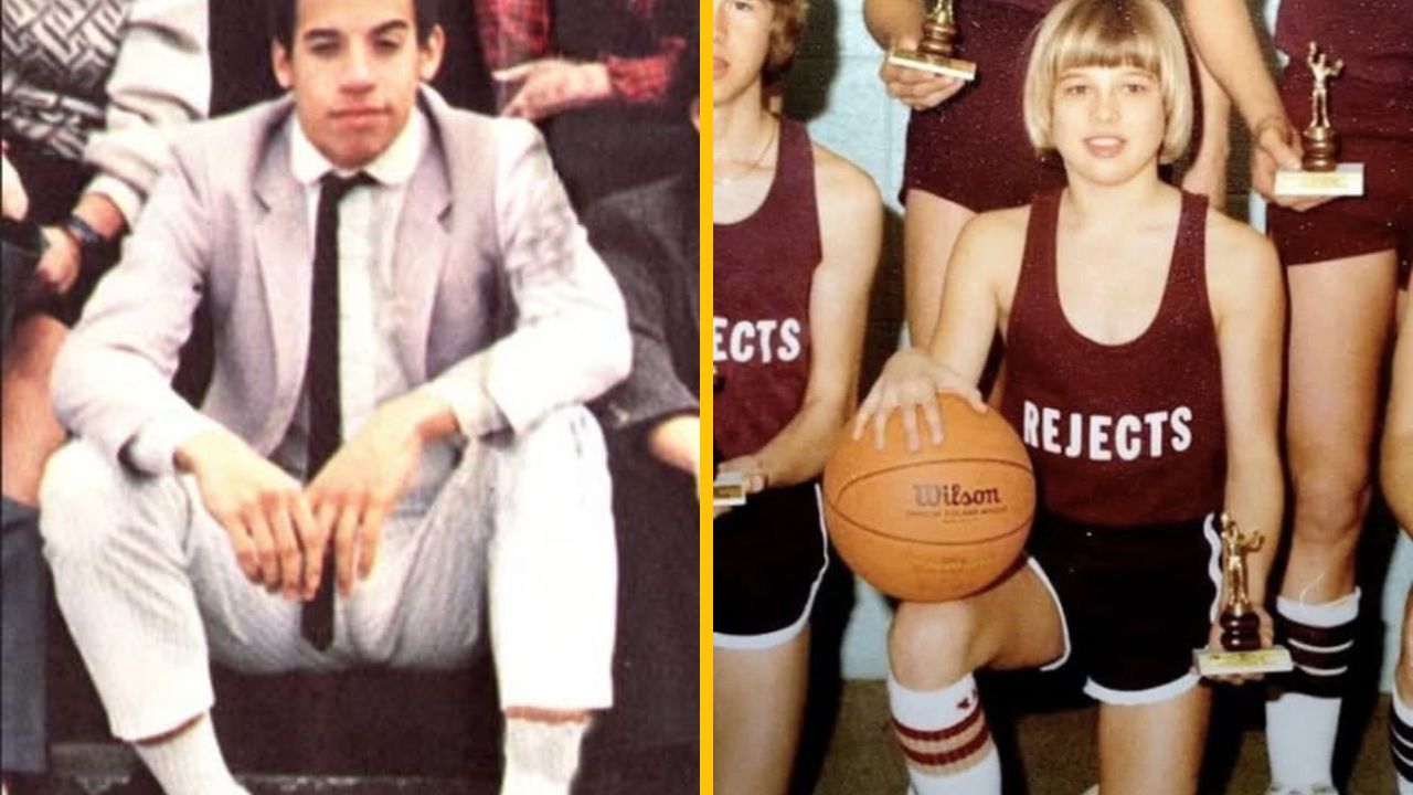 Osoba sedí v obleku na schodoch, mladý basketbalista s loptou a trofejou. Vintage fotografia zo školy.