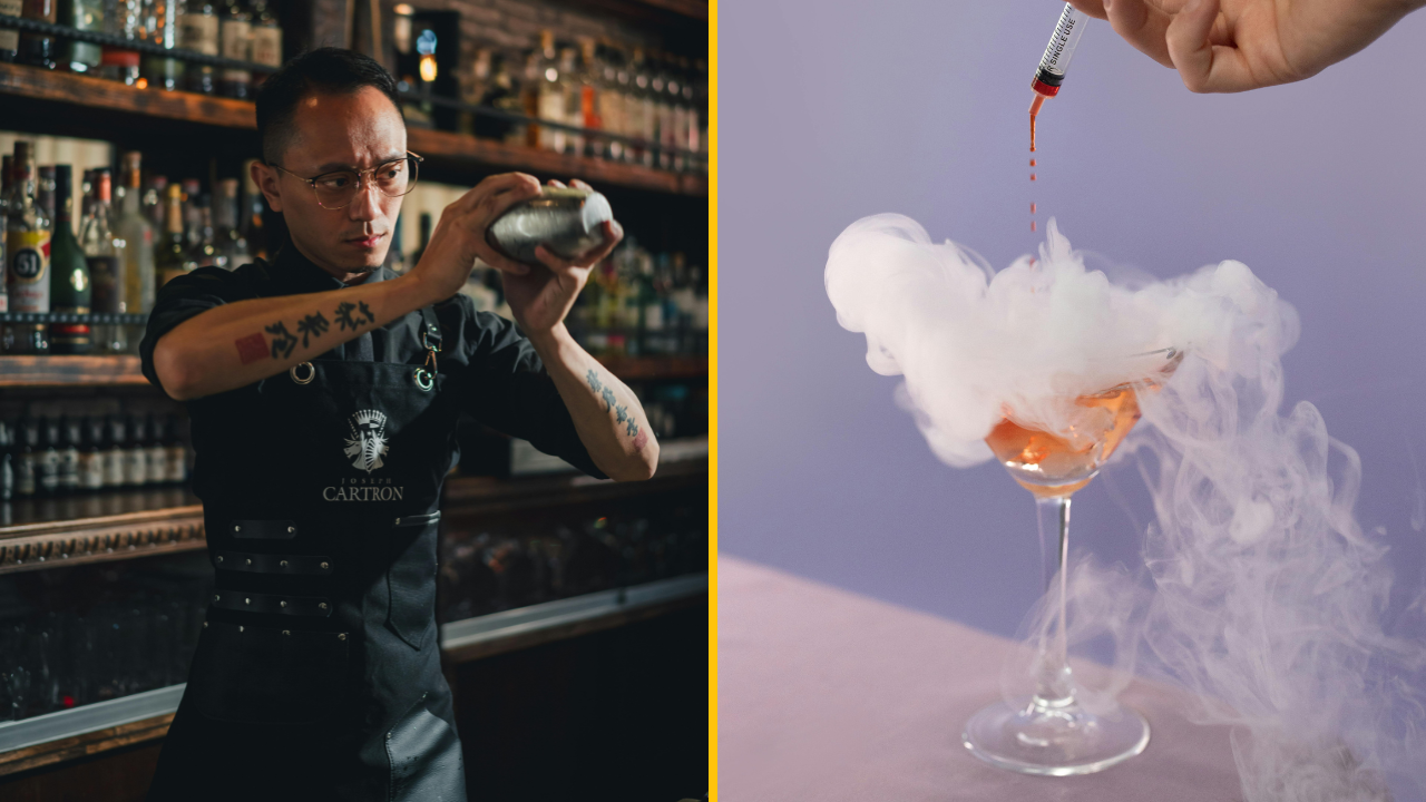 Barman pripravuje koktail, vedľa neho elegantný dymový drink s červenou kvapkou arómy.