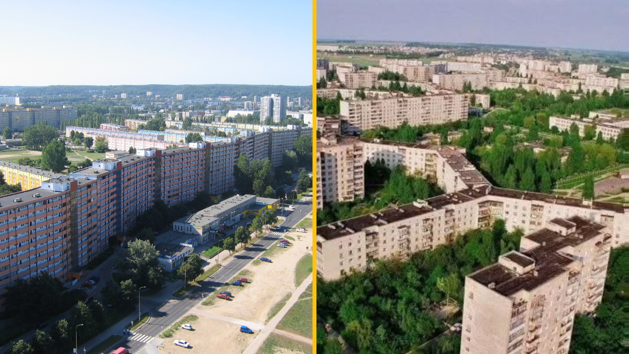 Mestské paneláky obklopené prírodou, pohľad z výšky na dve rôzne sídliská za jasného dňa.