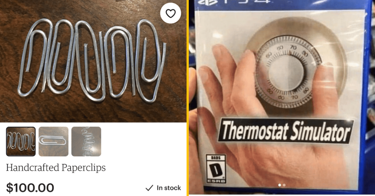 Ručne vyrábané kancelárske sponky za 100 dolárov a humorný obal hry Thermostat Simulator.