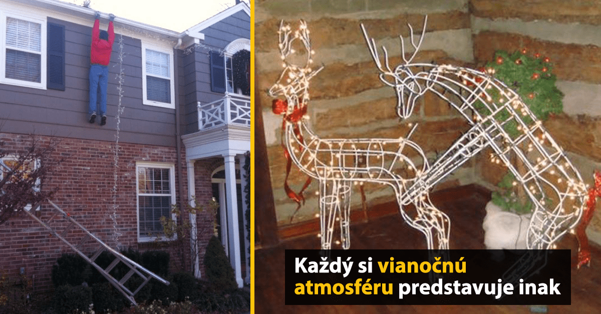 Muž visí z domu ako dekorácia a svietiace soby s vianočnou atmosférou v interiéri.