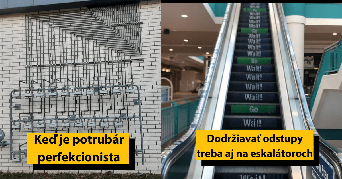 Perfektné potrubie vedľa eskalátora s nápisom Wait a Go pre bezpečné odstupy.