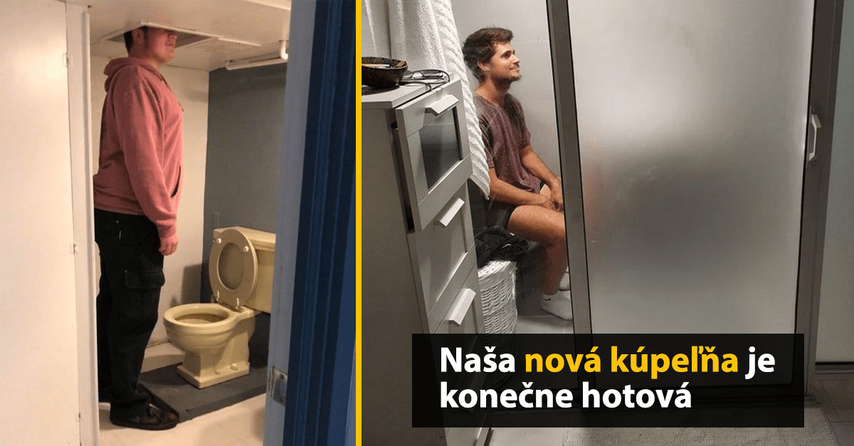 Muž v malej kúpeľni s nízkym stropom, humorná situácia pri dokončení rekonštrukcie.