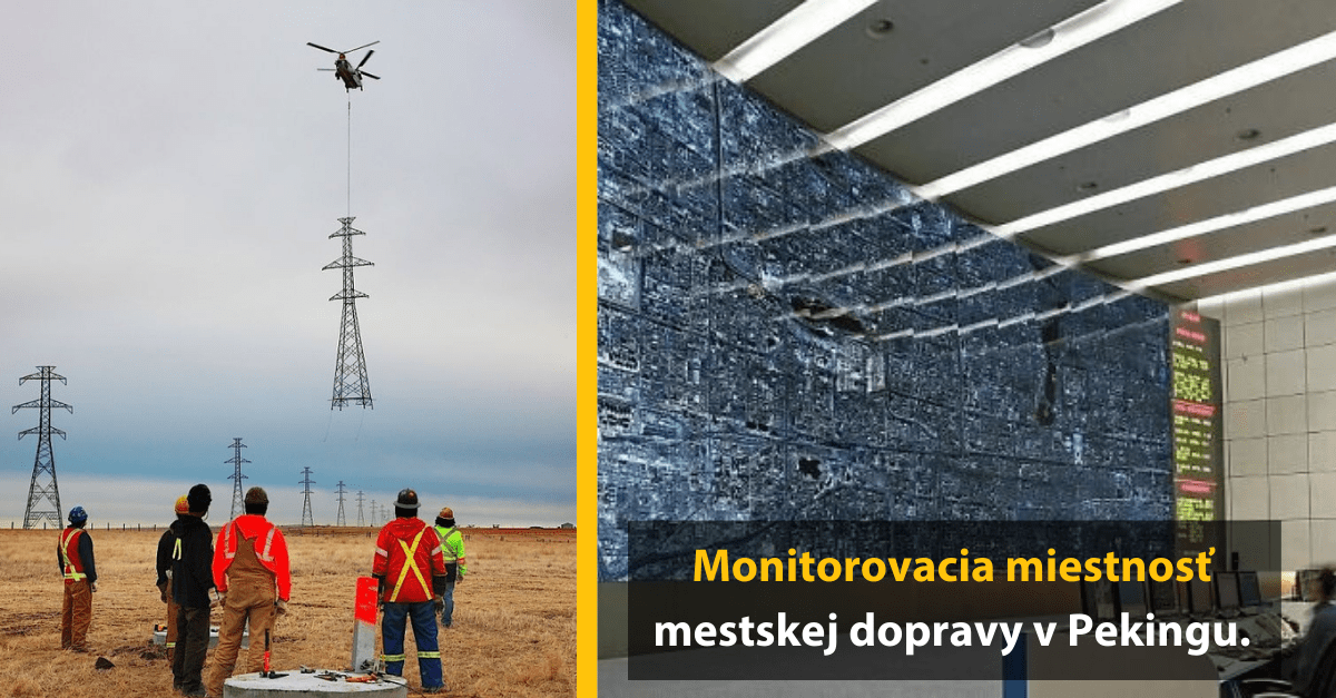 Helikoptéra inštaluje elektrické vedenie. Monitorovacia miestnosť mestskej dopravy v Pekingu.