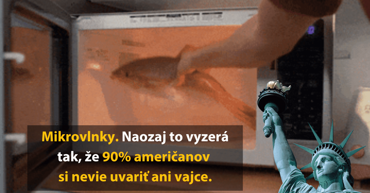 Osoba vkladá rybu do mikrovlnky, socha Slobody prizerá, text o schopnosti varenia Američanov.