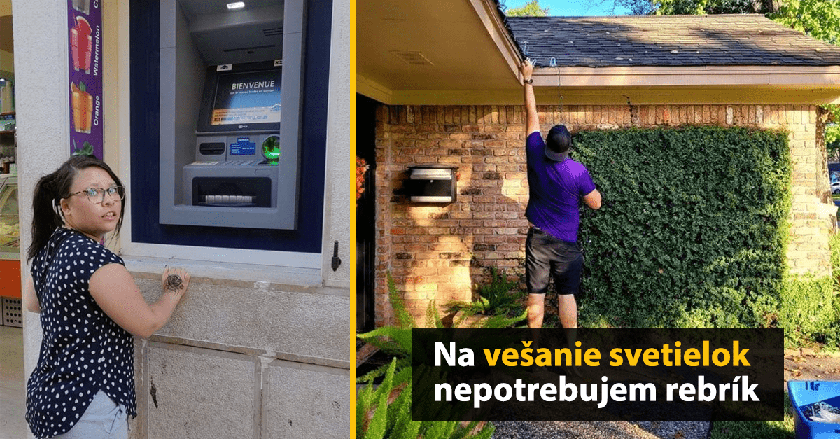 Žena dosahuje na bankomat; muž vešia svetielka bez rebríka. Dve vtipné situácie s dôvtipom.