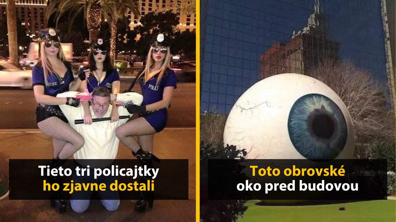 Tri ženy v kostýmoch policajtiek držia muža, vedľa obrovské oko pred budovou.