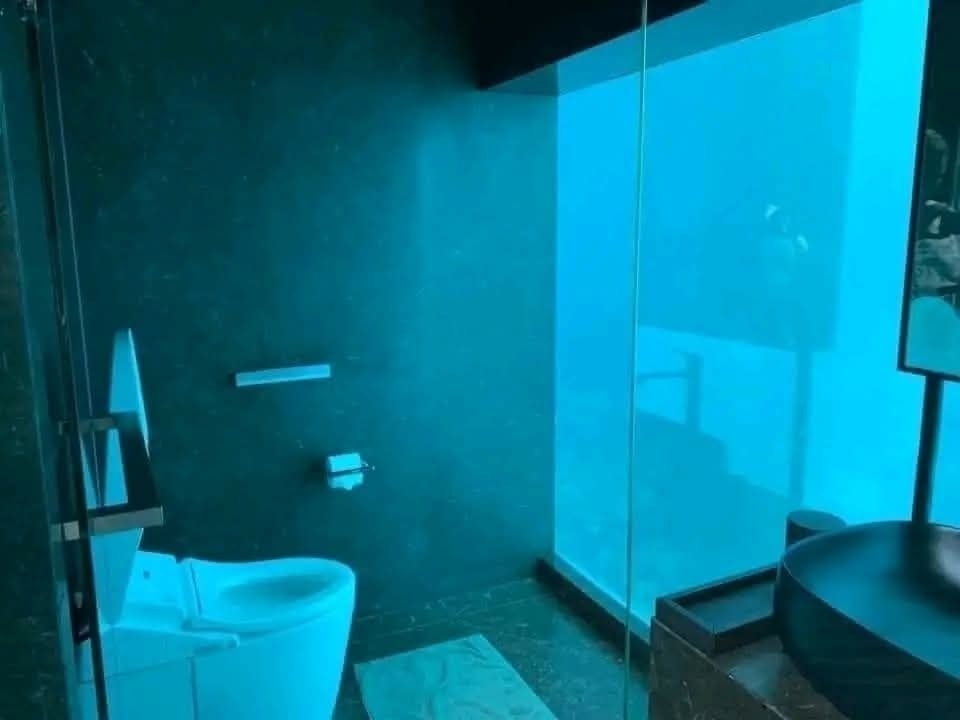 Podvodná kúpeľňa s výhľadom na oceán cez veľké okno vedľa toalety a umývadla.