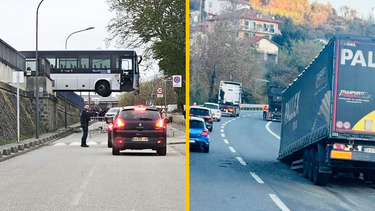 Doprava narušená: autobus na viadukte, premávka zastavená, ťažký kamión blokuje cestu v zákrute.