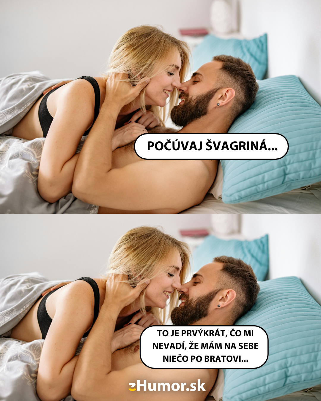 Pár sa zasmeje v posteli pri vtipnom dialógu na tému vzťahového humoru.
