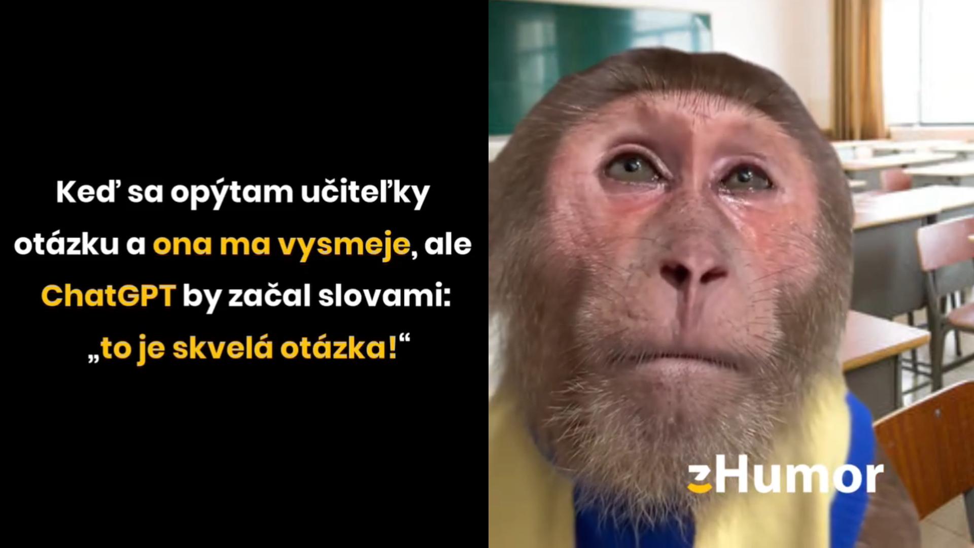 Opica v triede s textom o rozdielnom prístupe učiteľky a ChatGPT k otázkam.