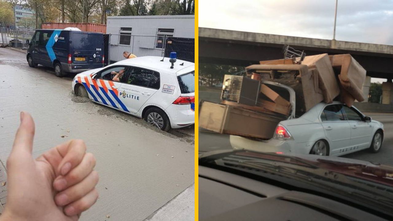 Policajné auto uviaznuté v mokrom betóne a osobné auto preťažené nábytkom.